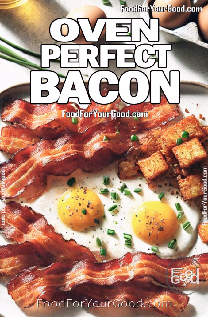 Oven Perfect Bacon – Crispy homemade bacon served on a modern square plate with sunny side up eggs and fried potato pieces – FoodForYourGood.com
