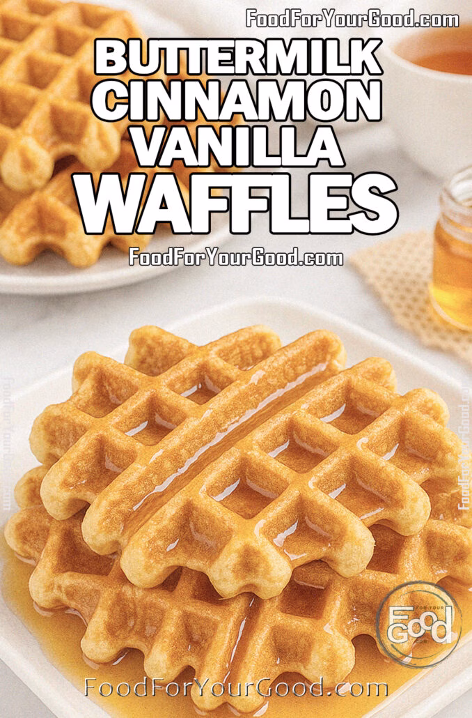 Buttermilk Cinnamon Vanilla Waffles Stack of homemade buttermilk cinnamon vanilla waffles on a white square plate, drizzled with maple syrup, with tea and honey in the blurred marble background.