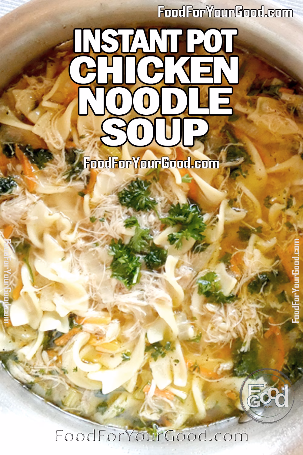Instant Pot chicken noodle soup with shredded chicken, egg noodles, carrots, celery, and parsley in a flavorful broth inside a pot.