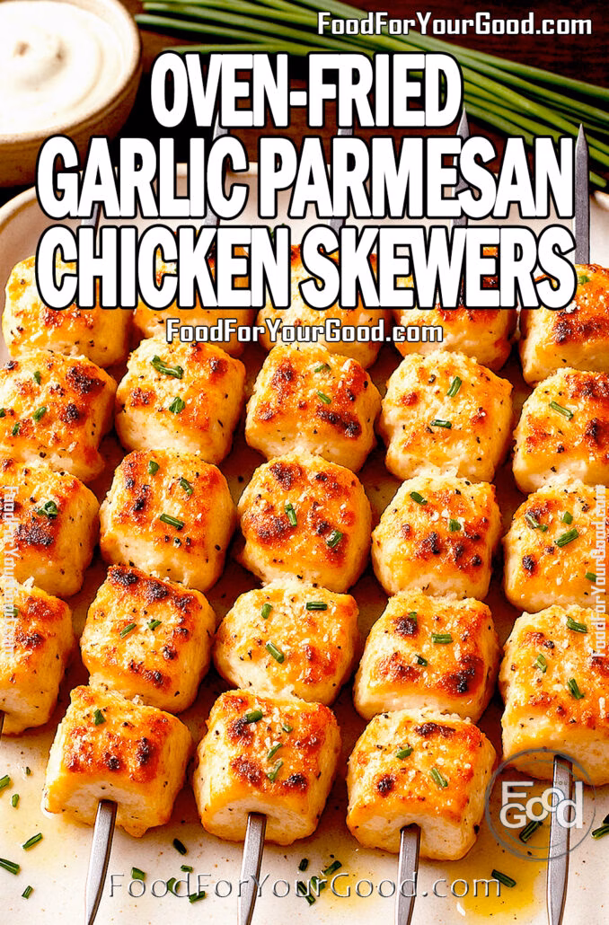 Oven-Fried Garlic Parmesan Chicken Skewers on a white plate, featuring golden, crispy chicken pieces sprinkled with Parmesan cheese and fresh herbs. A delicious, easy, and flavorful dinner or party appetizer.