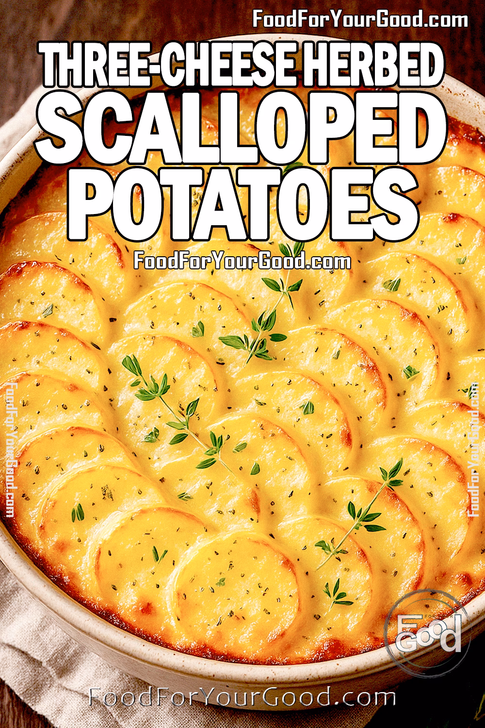 Three-Cheese Herbed Scalloped Potatoes Recipe – Creamy, Cheesy, and Irresistible Three-Cheese Herbed Scalloped Potatoes in a baking dish, featuring layers of thinly sliced potatoes, rich melted cheese, and fresh herbs, baked to golden perfection.
