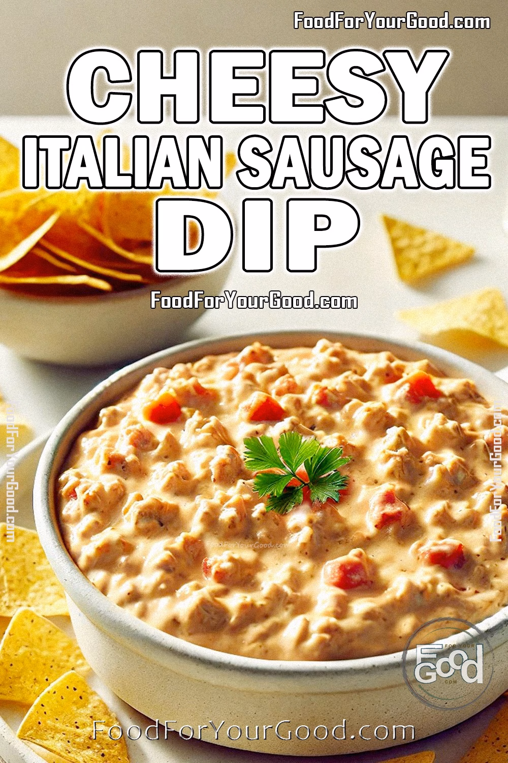 Cheesy Italian Sausage Dip Recipe | FoodForYourGood.com | Creamy Appetizer for Cooking Enthusiasts Cheesy Italian Sausage Dip served in a white bowl, topped with parsley, and surrounded by tortilla chips, featured on FoodForYourGood.com. A creamy and flavorful appetizer perfect for cooking enthusiasts.