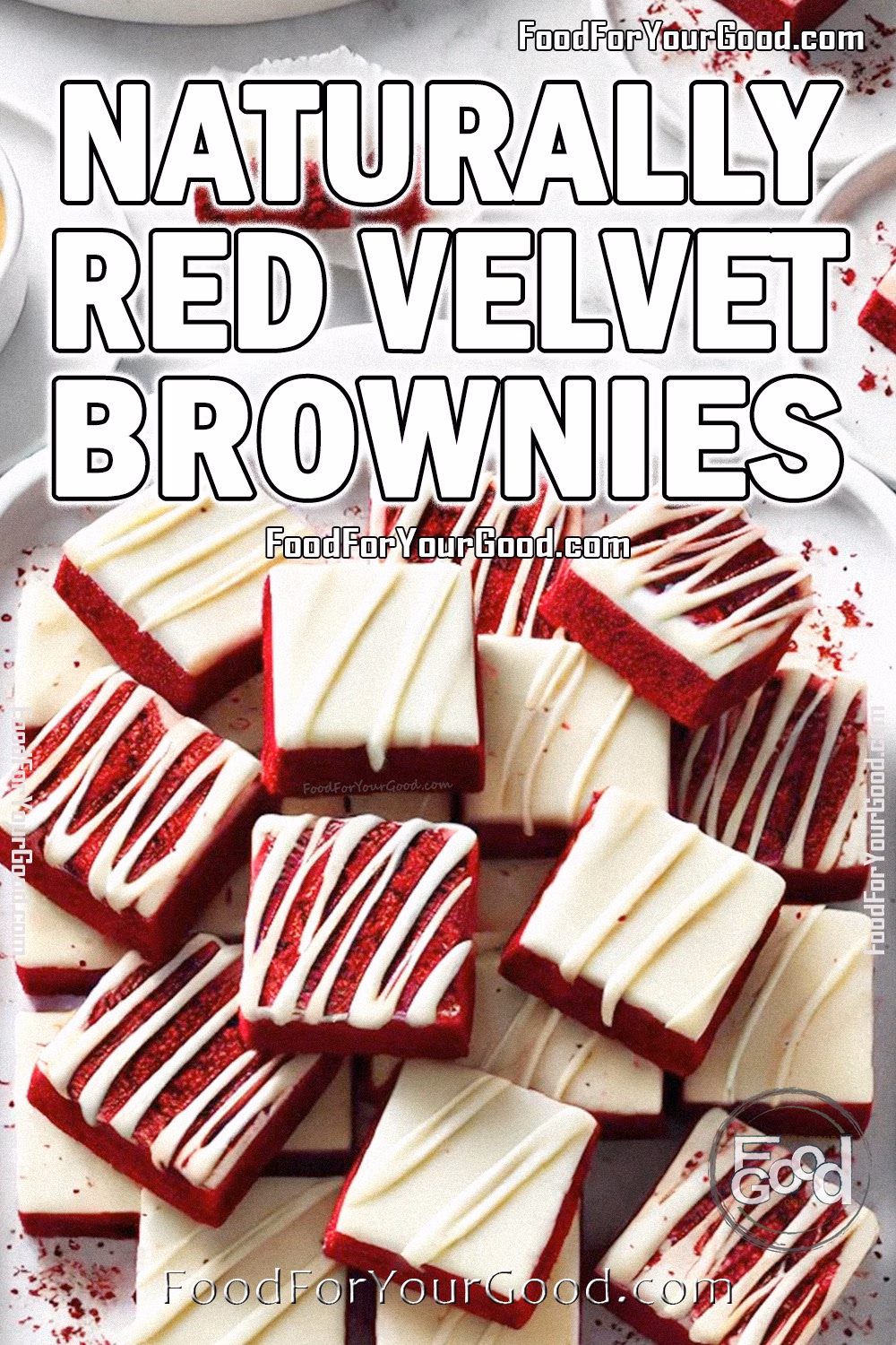 Naturally Red Velvet Brownies Recipe with Cream Cheese Frosting and White Chocolate Drizzle | FoodForYourGood.com Naturally Red Velvet Brownies with cream cheese frosting and white chocolate drizzle on FoodForYourGood.com. These vibrant, naturally-colored brownies are perfect for holiday baking or special occasions.