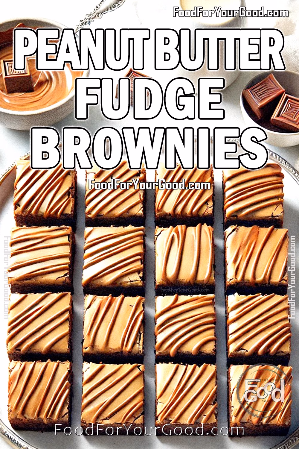 Peanut Butter Fudge Brownies Recipe with Milk Chocolate Drizzle - FoodForYourGood.com Peanut Butter Fudge Brownies on a silver-trimmed plate, featuring smooth peanut butter topping and milk chocolate drizzle, captured in an elegant, bright setting for FoodForYourGood.com