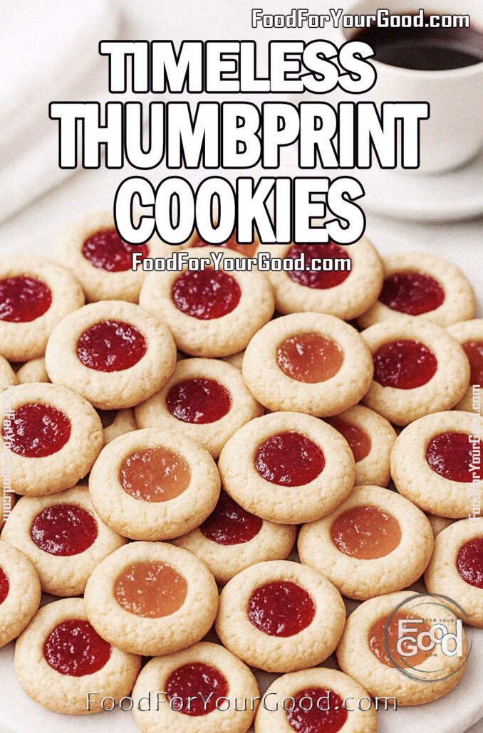 A plate of timeless thumbprint cookies filled with raspberry and apricot jam, served on a white marble tray with a cup of coffee in the background.