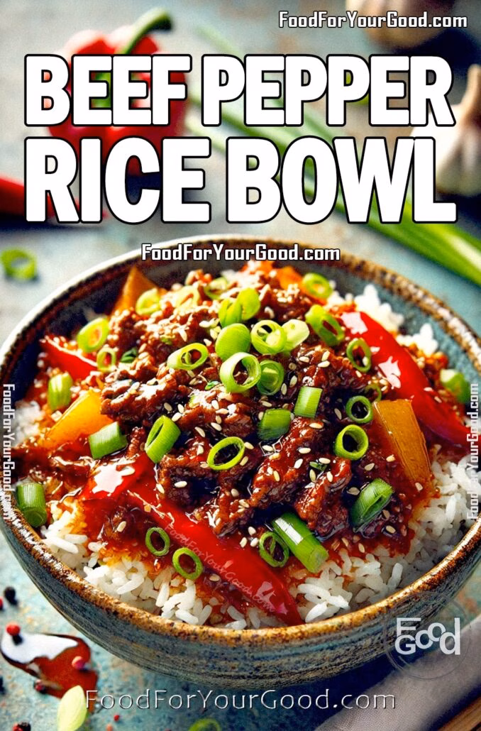 Beef Pepper Rice Bowl Delicious Beef Pepper Rice Bowl with tender beef, red and green bell peppers, and jasmine rice, coated in a savory sauce and garnished with fresh green onions. Recipe available on FoodForYourGood.com