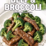 Homemade beef and broccoli stir fry served over white rice in a white bowl, garnished with chopped chives and sesame seeds on a marble background.