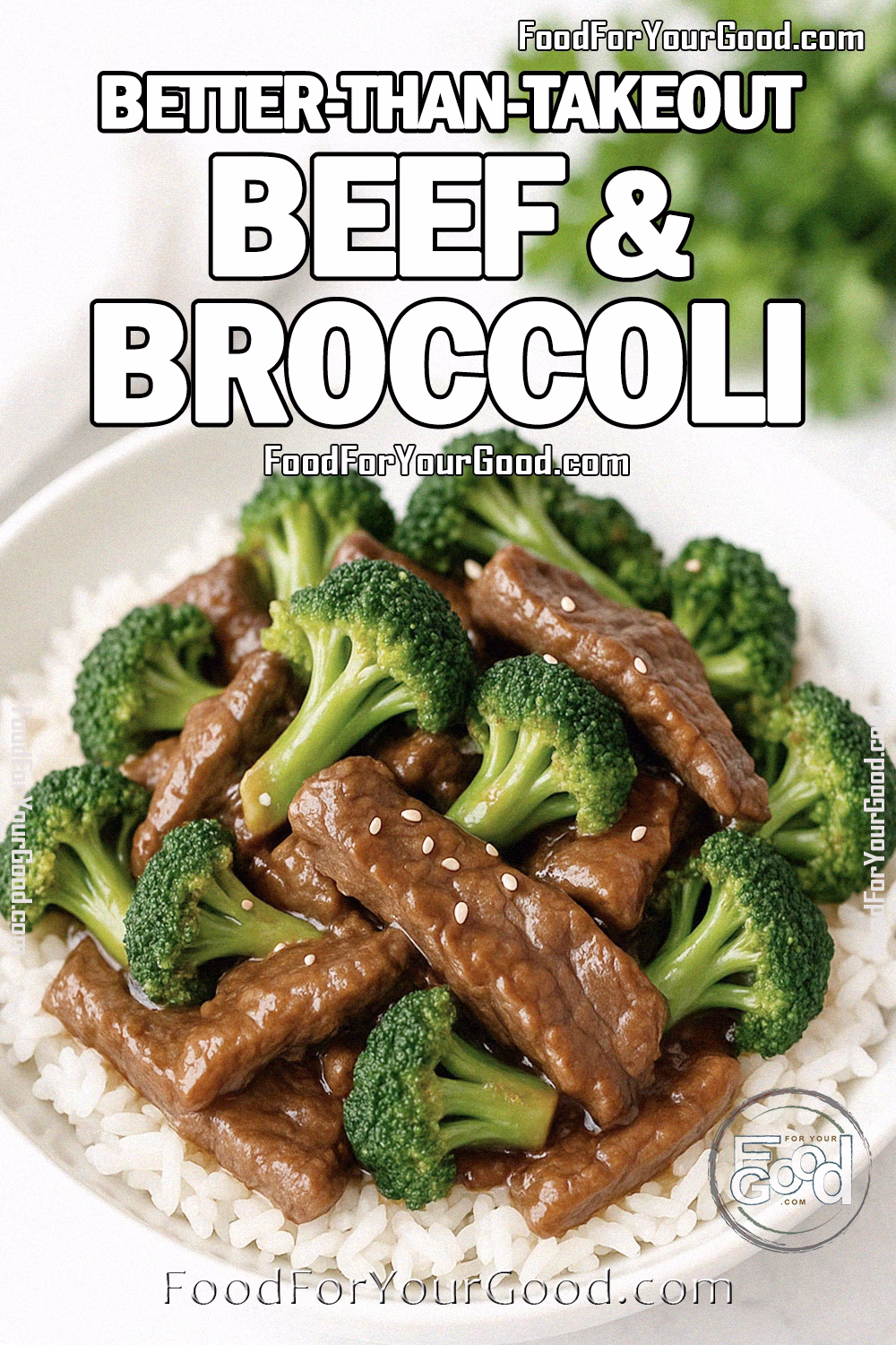 Homemade beef and broccoli stir fry served over white rice in a white bowl, garnished with chopped chives and sesame seeds on a marble background.
