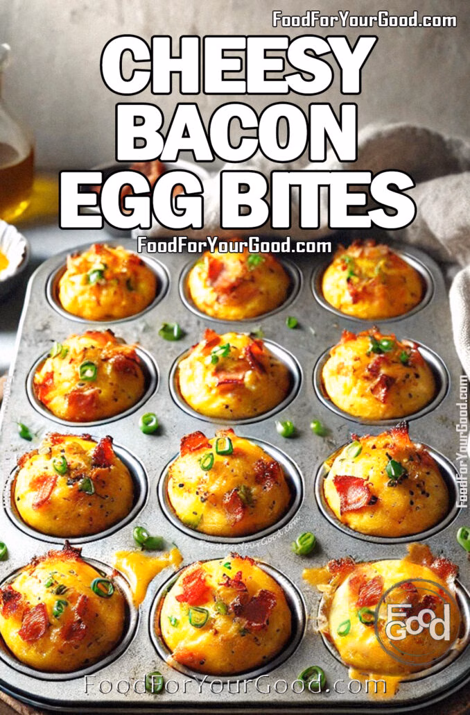 Cheesy Bacon Egg Bites Cheesy Bacon Egg Bites fresh out of the oven, served in a muffin tin, with crispy bacon, green onions, and a golden, cheesy texture on FoodForYourGood.com