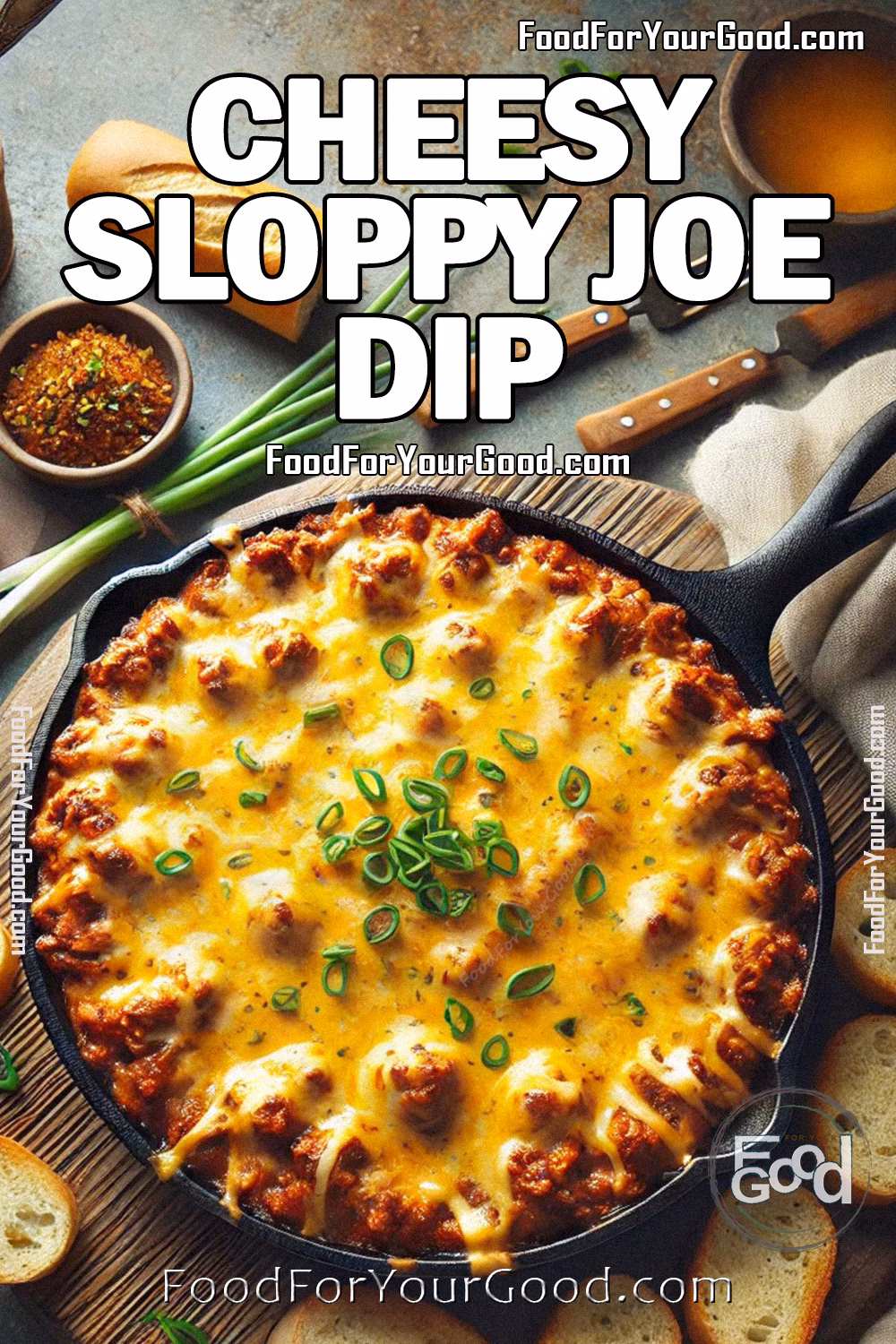 Cheesy Sloppy Joe Dip Recipe | FoodForYourGood.com | Easy Party Dip Cheesy Sloppy Joe Dip in a cast iron skillet, topped with a perfect marbled blend of melted sharp cheddar and mozzarella cheese, garnished with fresh green onions. Served with toasted baguette slices on a rustic wooden board. Find the full recipe on FoodForYourGood.com