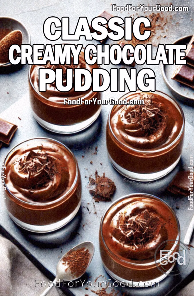 Classic Creamy Chocolate Pudding Classic Creamy Chocolate Pudding in glass bowls, topped with cocoa powder and chocolate shavings, set on a modern slate background. A rich and silky homemade dessert from FoodForYourGood.com