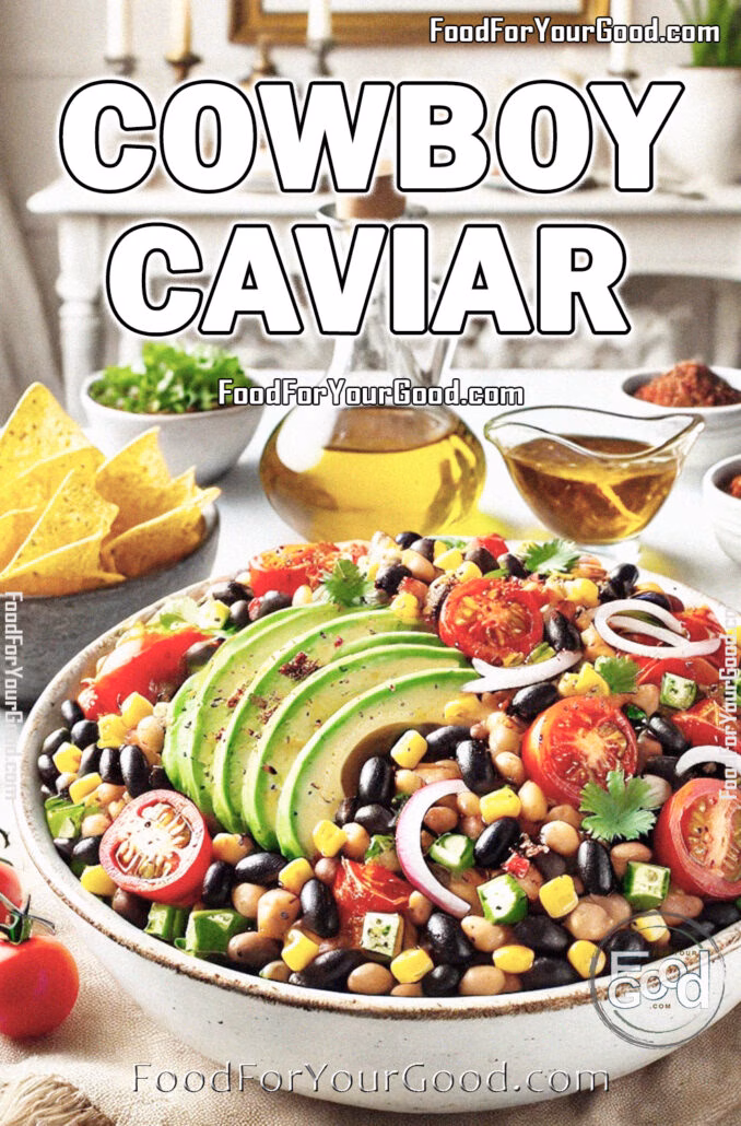 Colorful bowl of Cowboy Caviar salad made with black beans, corn, cherry tomatoes, avocado slices, red onion, and cilantro, served with tortilla chips.