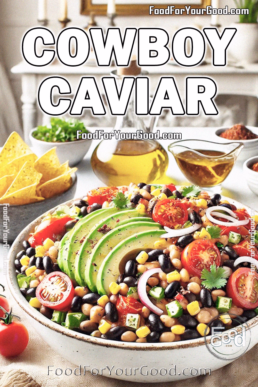 Colorful bowl of Cowboy Caviar salad made with black beans, corn, cherry tomatoes, avocado slices, red onion, and cilantro, served with tortilla chips.