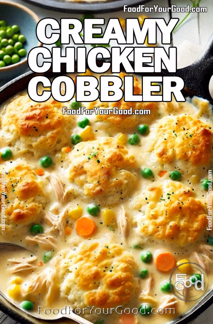 Creamy Chicken Cobbler Creamy Chicken Cobbler in a black cast iron skillet with golden, flaky biscuits, tender shredded chicken, peas, carrots, and corn in a rich, creamy sauce. A cozy, rustic comfort food dish featured on FoodForYourGood.com