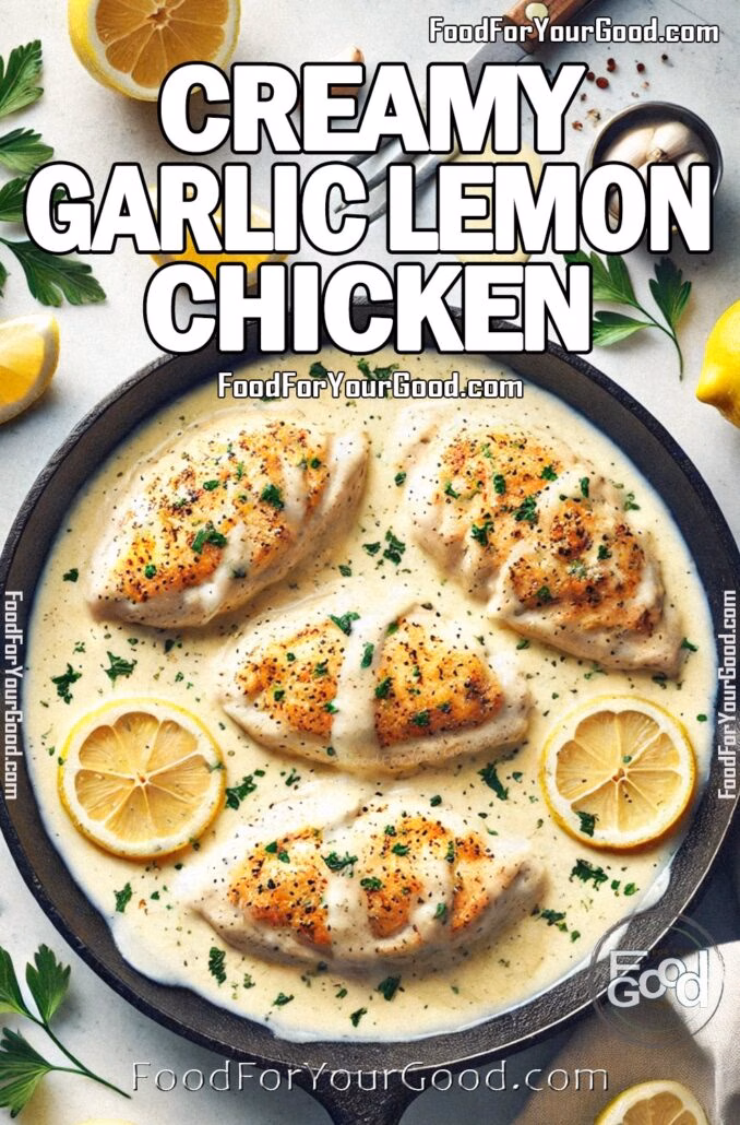 Creamy Garlic Lemon Chicken Creamy Garlic Lemon Chicken in a cast iron pan, covered in a rich, velvety Parmesan sauce with golden, seared chicken fillets. Garnished with fresh parsley and lemon slices, this easy one-pan dish is perfect for a flavorful and comforting meal. Find the recipe at FoodForYourGood.com
