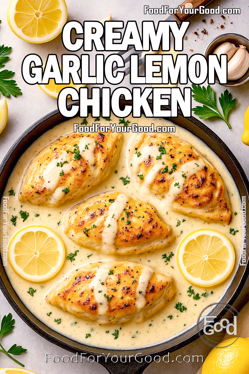 Creamy Garlic Lemon Chicken Recipe | Easy One-Pan Chicken Dinner | FoodForYourGood.com Creamy Garlic Lemon Chicken in a cast iron pan, covered in a rich, velvety Parmesan sauce with golden, seared chicken fillets. Garnished with fresh parsley and lemon slices, this easy one-pan dish is perfect for a flavorful and comforting meal. Find the recipe at FoodForYourGood.com