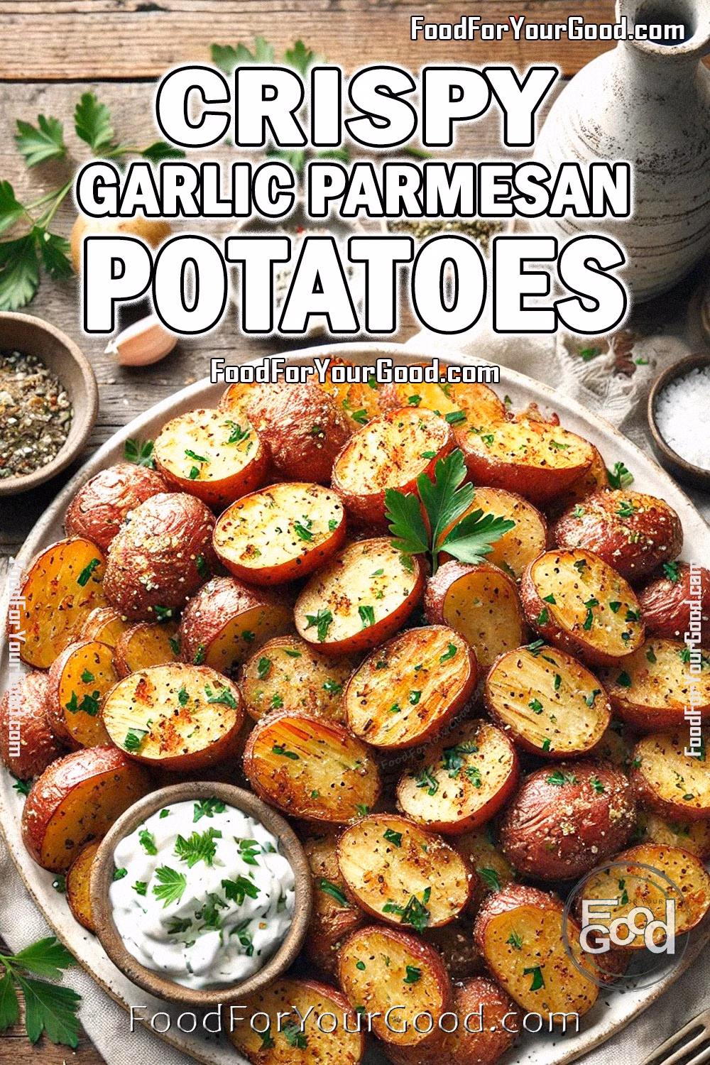 Crispy Garlic Parmesan Potatoes Recipe | FoodForYourGood.com Crispy Garlic Parmesan Potatoes served on a rustic white plate with a side of sour cream infused with fresh herbs. Presented on a wooden table with a cozy rustic background, perfect for FoodForYourGood.com
