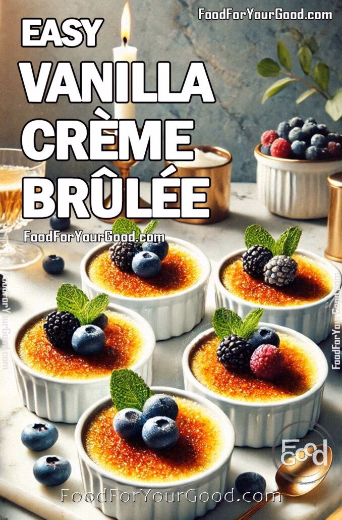Easy Vanilla Crème Brûlée_PIN Ramekins of Easy Vanilla Crème Brûlée topped with caramelized sugar, fresh mint, and berries, beautifully arranged on a clean marble background. A luxurious and elegant dessert featured on FoodForYourGood.com