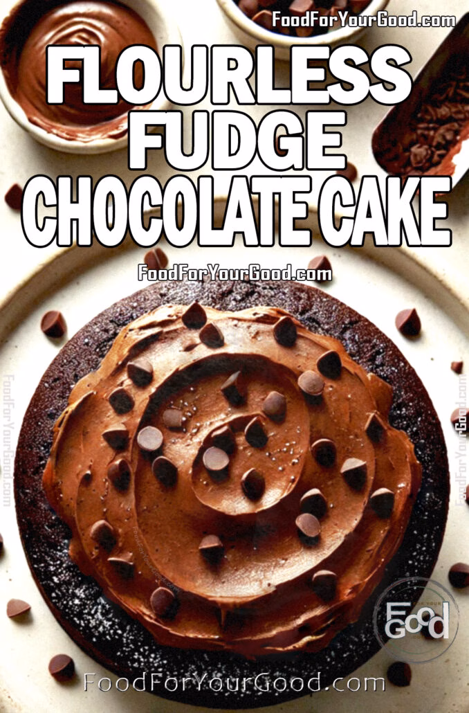 Flourless Fudge Chocolate Cakes Flourless Fudge Chocolate Cake with rich Medjool date chocolate frosting, topped with chocolate chips and lightly dusted with powdered sugar. A homemade, gluten-free chocolate cake with a fudgy texture, sitting on a rustic ceramic plate. Recipe available on FoodForYourGood.com