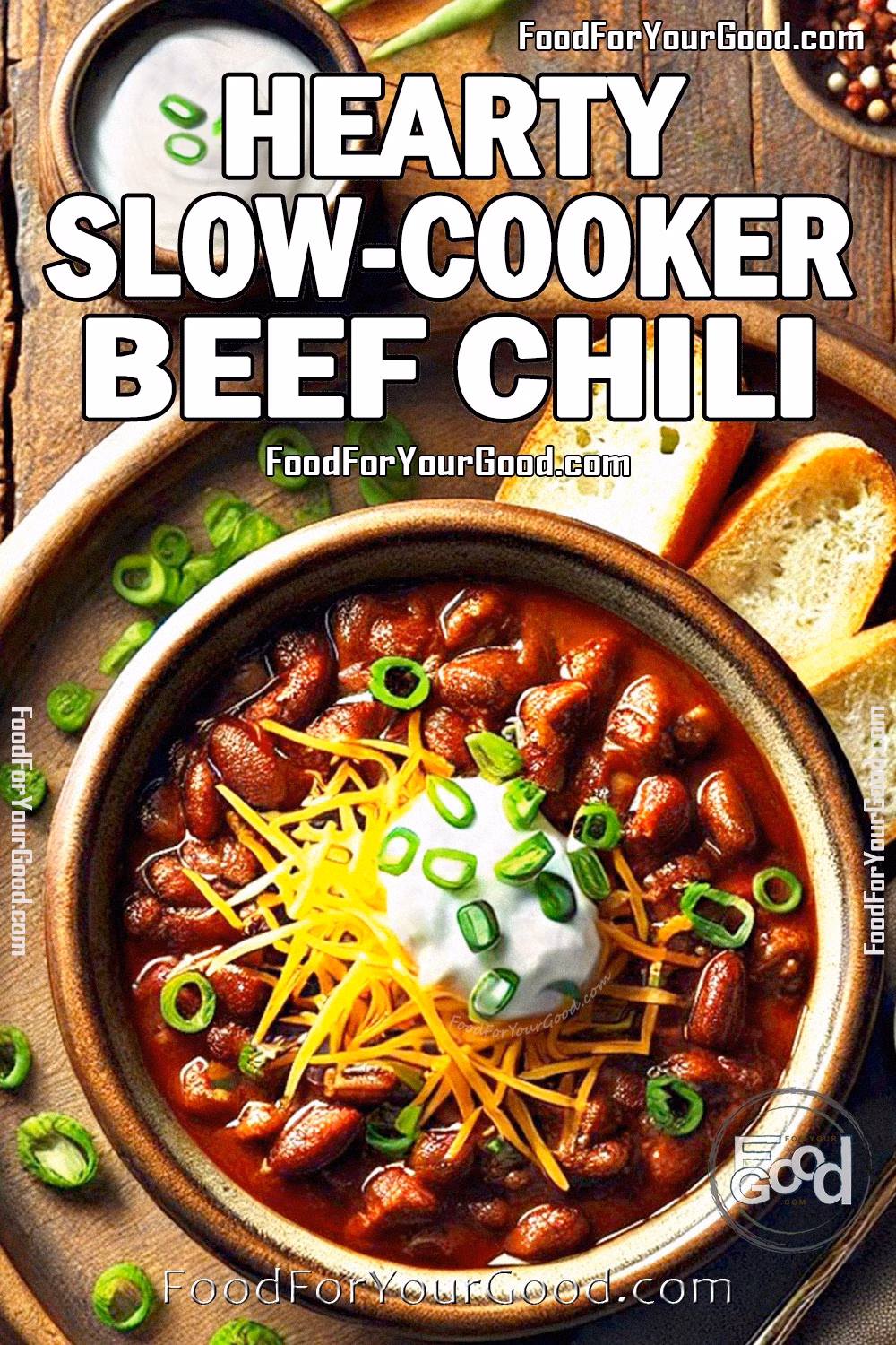 Hearty Slow-Cooker Beef Chili Recipe | FoodForYourGood.com | Rustic Comfort Food for Cooking Enthusiasts Top-down view of Hearty Slow-Cooker Beef Chili garnished with cheddar cheese, sour cream, and green onions, served with toasted baguette slices, on FoodForYourGood.com. A rustic yet luxurious presentation for cooking enthusiasts.
