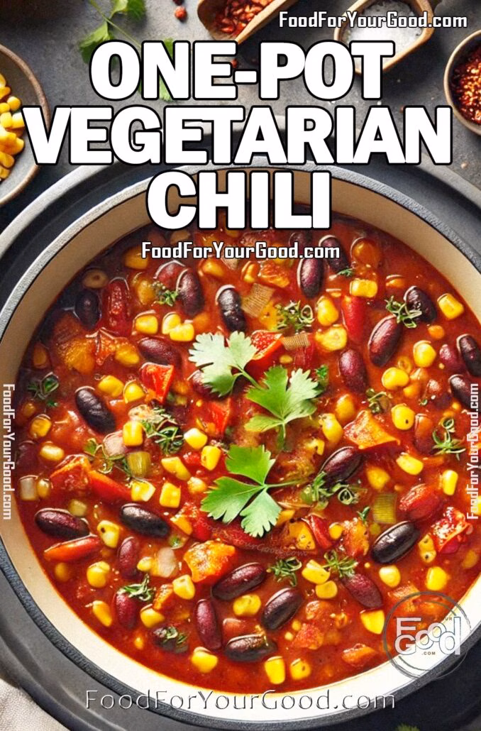 One-Pot Vegetarian Chili A rich and hearty One-Pot Vegetarian Chili in an elegant Dutch oven, filled with black beans, kidney beans, corn, bell peppers, onion, tomatoes, carrots, and celery, garnished with fresh cilantro. A cozy, rustic dish perfect for an easy, flavorful meal.