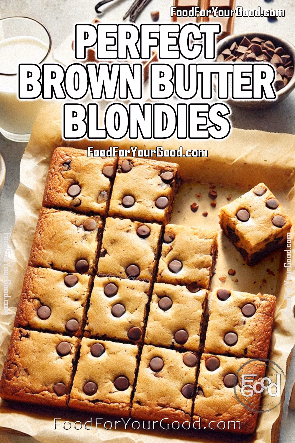 Perfect Brown Butter Blondies Recipe – FoodForYourGood.com Perfect Brown Butter Blondies recipe on FoodForYourGood.com, featuring golden-brown blondies with semi-sweet chocolate chips, served on brown parchment paper with rustic, cozy styling.