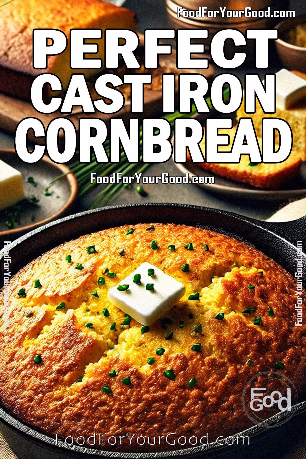 Perfect Cast Iron Cornbread Recipe - Golden Crust, Melting Butter, and Chives | FoodForYourGood.com Golden Perfect Cast Iron Cornbread in a rustic skillet, garnished with melting butter and fresh chives, beautifully presented on FoodForYourGood.com