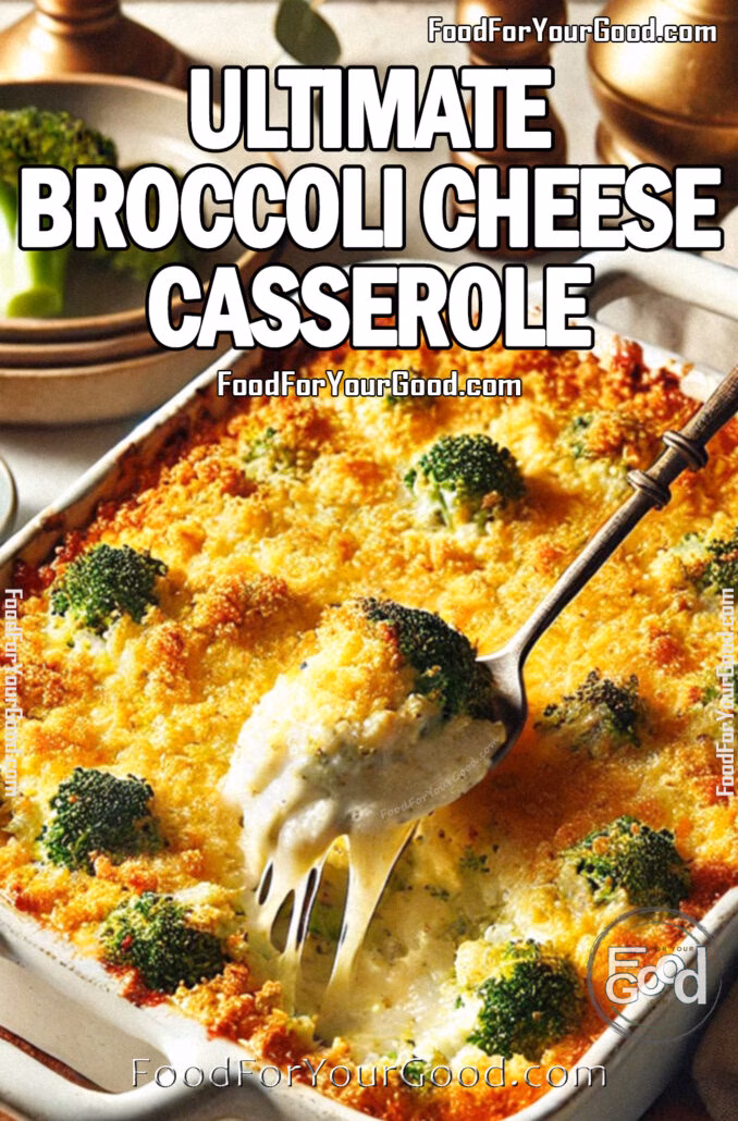 Ultimate Broccoli Cheese Casserole Ultimate Broccoli Cheese Casserole in a rustic 9x13 white casserole dish with golden brown breadcrumb topping and crispy roasted broccoli. A serving spoon scoops out a creamy, cheesy portion. Perfect comfort food recipe from FoodForYourGood.com