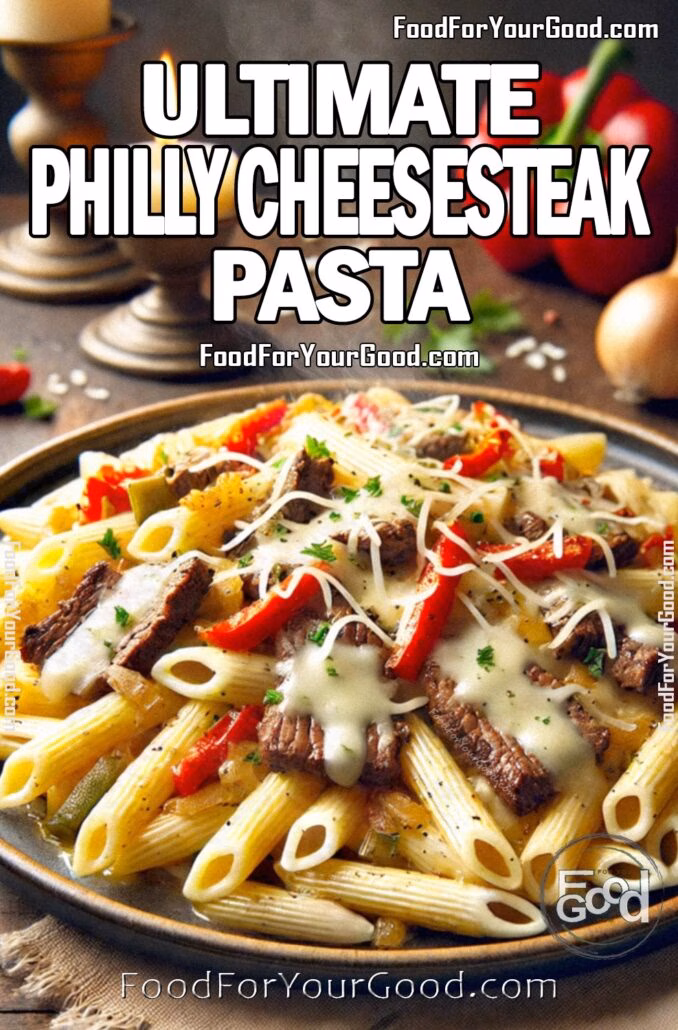 Ultimate Philly Cheesesteak Pasta Ultimate Philly Cheesesteak Pasta from FoodForYourGood.com – A rich, ultra-cheesy, and creamy pasta dish featuring tender seared beef, sautéed onions, and chopped red and green bell peppers, all coated in a velvety provolone cheese sauce. Served on a rustic plate for an irresistible, restaurant-quality meal.