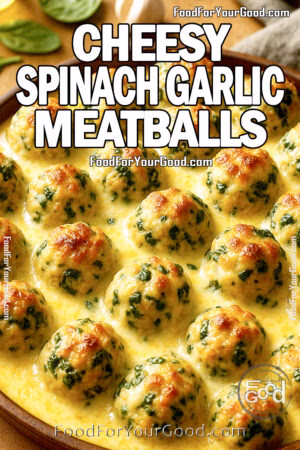 Golden-brown Cheesy Spinach Garlic Meatballs baked in a creamy mozzarella sauce, loaded with fresh spinach and garlic, served hot from the oven.