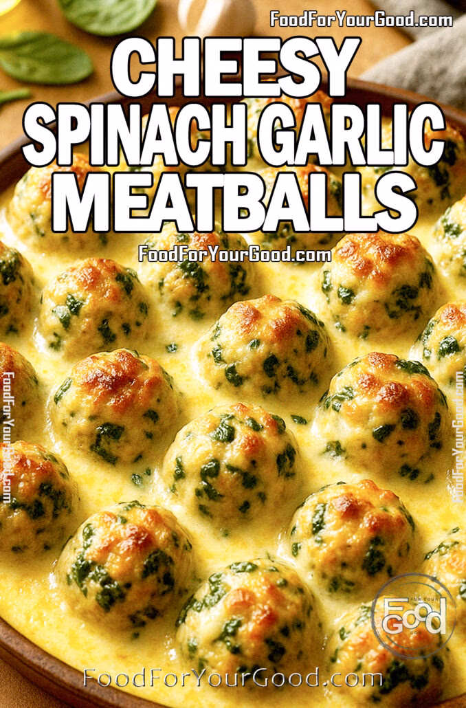 Cheesy Spinach Garlic Meatballs Golden-brown Cheesy Spinach Garlic Meatballs baked in a creamy mozzarella sauce, loaded with fresh spinach and garlic, served hot from the oven.