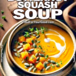 A rich and velvety Creamy Butternut Squash Soup garnished with toasted pumpkin seeds, finely chopped fresh thyme, and a drizzle of heavy cream, served in a rustic ceramic bowl. The background is warm and luxurious, creating an elegant and inviting autumn aesthetic. Find the full recipe at FoodForYourGood.com
