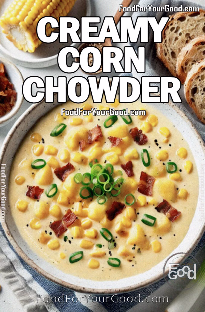 Creamy Corn Chowder A warm and comforting bowl of Creamy Corn Chowder, loaded with sweet corn, tender potatoes, crispy bacon, and fresh green onions. Perfect for a cozy homemade meal, featured on FoodForYourGood.com