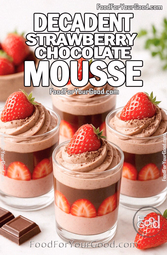 Decadent Strawberry Chocolate Mousse Glass cups of decadent strawberry chocolate mousse layered with strawberry slices, chocolate ganache, and topped with rustic chocolate mousse swirls and fresh strawberries on a white marble background.