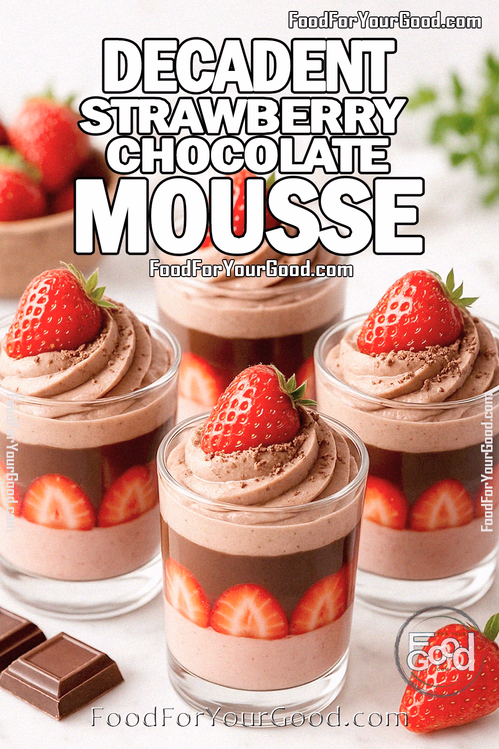 Decadent Strawberry Chocolate Mousse Recipe – Easy Homemade Dessert | FoodForYourGood.com Glass cups of decadent strawberry chocolate mousse layered with strawberry slices, chocolate ganache, and topped with rustic chocolate mousse swirls and fresh strawberries on a white marble background.