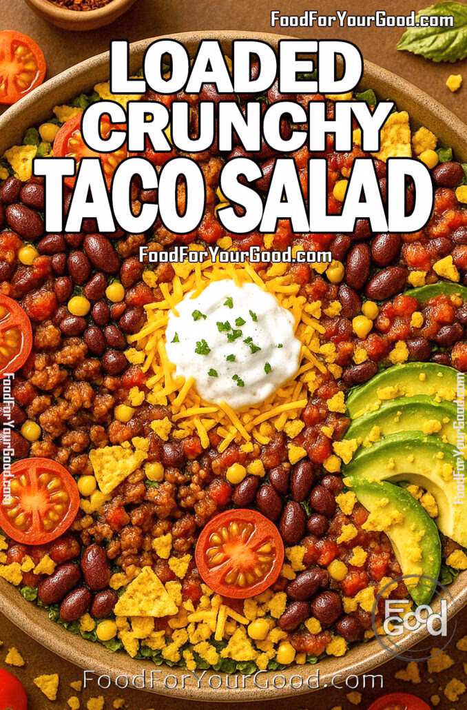 Loaded Crunchy Taco Salad Loaded Crunchy Taco Salad in a large bowl, featuring seasoned ground beef, crisp romaine lettuce, cherry tomatoes, black beans, corn, shredded cheese, thinly sliced avocado, and crushed tortilla chips, with a dollop of sour cream on top. A fresh and vibrant Tex-Mex salad perfect for taco lovers.