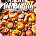Close-up top-down view of Simple Cajun Jambalaya in a Dutch oven, featuring juicy shrimp, smoky andouille sausage, fire-roasted tomatoes, and seasoned rice, garnished with chopped green onions. Recipe available at FoodForYourGood.com