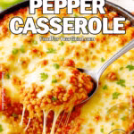Delicious Stuffed Pepper Casserole with lean turkey, vibrant bell peppers, melted cheese, and fresh basil by FoodForYourGood.com