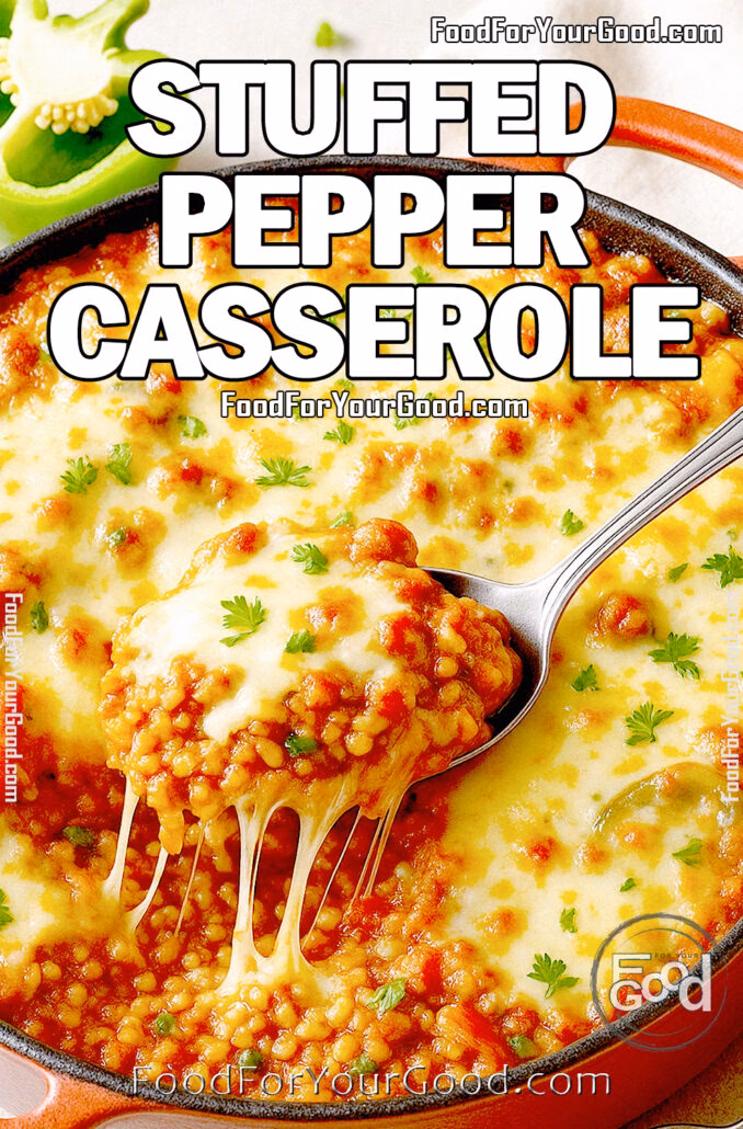 Stuffed Pepper Casserole Delicious Stuffed Pepper Casserole with lean turkey, vibrant bell peppers, melted cheese, and fresh basil by FoodForYourGood.com
