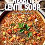 Ultimate Hearty Lentil Soup in a Dutch oven, featuring fully cooked, almost mushy lentils, diced carrots, celery, tomatoes, and onions, garnished with chopped parsley. A warm, comforting, and nutritious soup, perfect for cozy meals. Recipe on FoodForYourGood.com