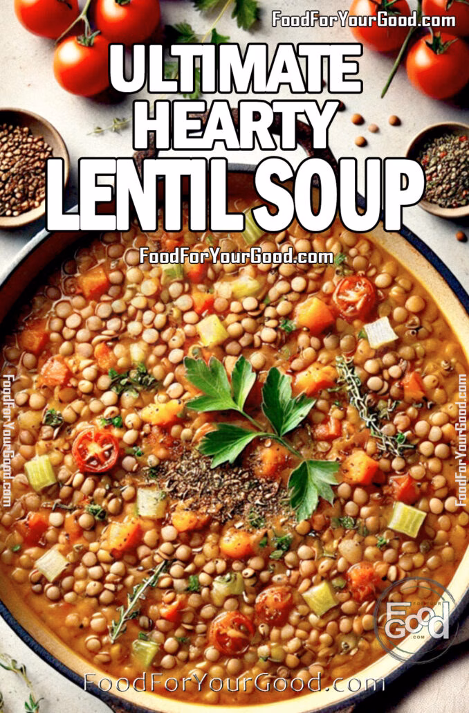 Ultimate Hearty Lentil Soup in a Dutch oven, featuring fully cooked, almost mushy lentils, diced carrots, celery, tomatoes, and onions, garnished with chopped parsley. A warm, comforting, and nutritious soup, perfect for cozy meals. Recipe on FoodForYourGood.com