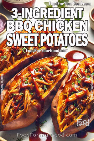 3-Ingredient BBQ Chicken Sweet Potatoes – tender baked sweet potatoes stuffed with juicy shredded BBQ chicken and drizzled with rich sauce. A quick, easy, and delicious meal featured on FoodForYourGood.com