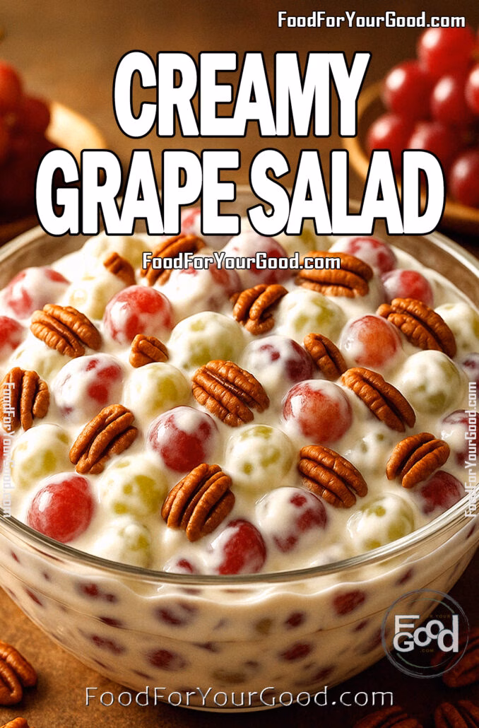 Creamy Grape Salad Creamy Grape Salad in a glass bowl, featuring red and green grapes coated in a rich, creamy dressing, topped with chopped pecans and brown sugar. Recipe available at FoodForYourGood.com