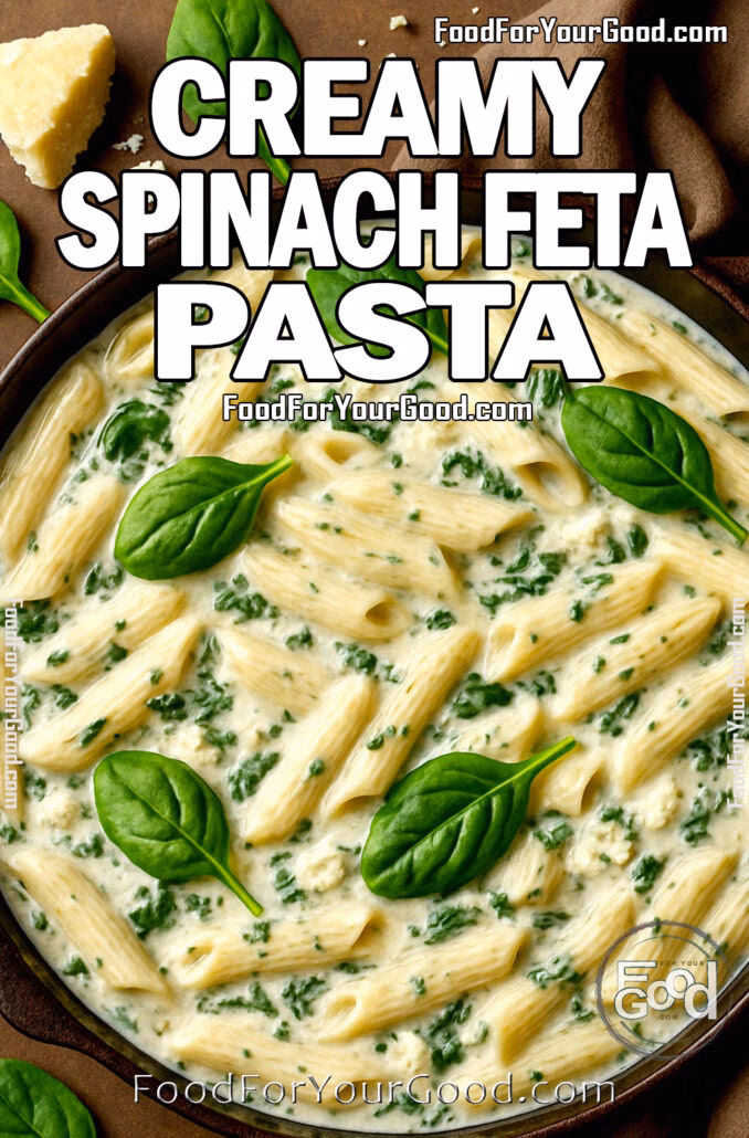 Creamy Spinach Feta Pasta A creamy, garlicky Spinach Feta Pasta dish with penne pasta coated in a rich, velvety feta sauce, fresh spinach, and a hint of lemon. A perfect easy dinner from FoodForYourGood.com
