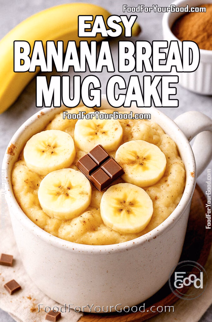 Easy Banana Bread Mug Cake Easy Banana Bread Mug Cake topped with banana slices, a sprinkle of cinnamon, and chocolate chips in a white mug, photographed in a cozy, rustic setting.