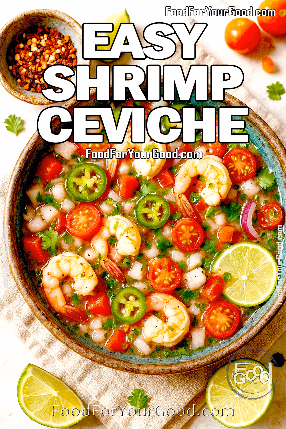 Easy Shrimp Ceviche – Fresh & Zesty No-Cook Recipe | FoodForYourGood.com Bright and colorful Easy Shrimp Ceviche in a rustic bowl, garnished with fresh cilantro, sliced jalapeños, red onion, cucumbers and cherry tomatoes. A refreshing, citrus-marinated shrimp dish from FoodForYourGood.com, perfect for a quick and healthy appetizer or light meal.