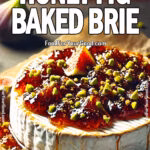 Honey Fig Baked Brie topped with fig jam and chopped pistachios on parchment paper, styled on a wooden board. A rich, gooey, and elegant appetizer from FoodForYourGood.com