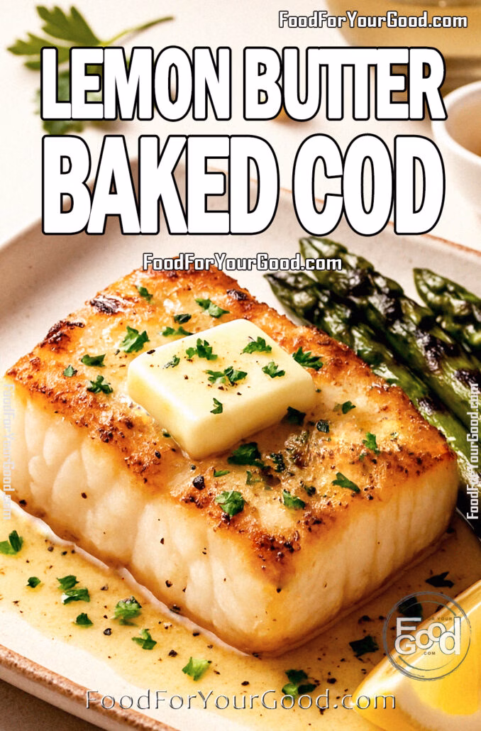Lemon Butter Baked Cod Lemon Butter Baked Cod with golden seared crust, topped with butter and parsley, served with asparagus and lemon wedges – Recipe from FoodForYourGood.com