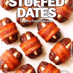 crisp bacon-wrapped Medjool dates stuffed with creamy goat cheese on a marble background