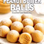 Homemade 3-Ingredient Peanut Butter Balls dusted with powdered sugar, served on a plate with peanut butter, cream cheese, and sugar in the background.